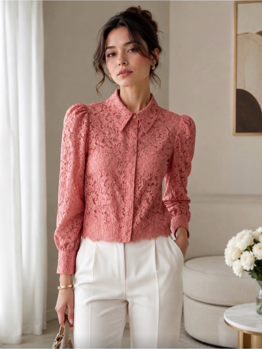 L'agence Dusty Rose Lace Puff-Sleeve Blouse